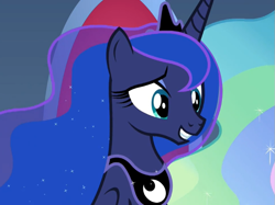 Size: 739x553 | Tagged: safe, screencap, princess luna, alicorn, pony, g4, memories and more, my little pony: friendship is forever, canterlot, cropped, cute, female, mare, offscreen character, smiling, solo focus, throne, throne room