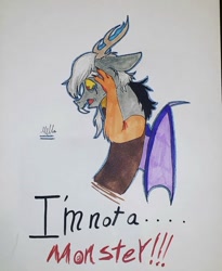 Size: 750x915 | Tagged: safe, artist:mhyyy.v, discord, g4, bust, crying, dialogue, male, open mouth, sad, signature, simple background, solo, traditional art, white background