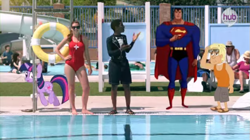 Size: 697x391 | Tagged: safe, twilight sparkle, human, pony, unicorn, g4, official, cameo, clothes, commercial, crossover, hub logo, irl, irl human, lifeguard, male, one-piece swimsuit, photo, pony cameo, pony reference, pool party, pound puppies, summer, superman, superman the animated series, swimming pool, swimsuit, the hub, unicorn twilight, youtube link