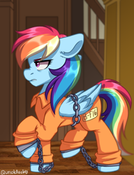 Size: 1000x1304 | Tagged: safe, artist:cottonsweets, rainbow dash, pegasus, pony, g4, angry, b-f16, bound wings, chains, clothes, courtroom, cuffs, female, grumpy, grumpy dash, jumpsuit, prison outfit, prisoner, prisoner rd, solo, wings