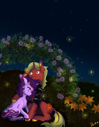 Size: 1500x1920 | Tagged: safe, artist:duskflare, oc, oc only, oc:aramau, oc:firebrand, firefly (insect), insect, unicorn, arch, flower, night, reviewer, snuggling, wholesome