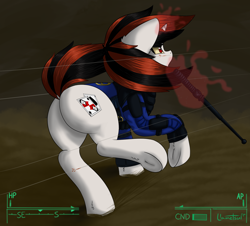 Size: 1676x1512 | Tagged: safe, artist:llametsul, oc, oc only, oc:blackjack, pony, unicorn, fallout equestria, fallout equestria: project horizons, armor, atg 2020, baton, blood, butt, clothes, colored sclera, cutie mark, dock, fanfic art, female, fight, frog (hoof), health bars, hoofbutt, horn, jumpsuit, magic, magic aura, mare, newbie artist training grounds, plot, security armor, signature, small horn, solo, tail, this will end in death, this will end in tears, this will end in tears and/or death, underhoof, vault security armor, vault suit, yellow sclera