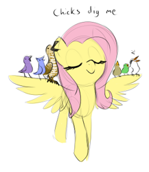 Size: 306x352 | Tagged: safe, artist:anonymous, fluttershy, bird, chicken, pegasus, pony, g4, 4chan, :v, chick magnet, chicks, cute, drawthread, eyes closed, female, mare, proud, pun, shyabetes, simple background, sitting on wing, smiling, solo, spread wings, standing, text, visual pun, weapons-grade cute, white background, wing shelter, wings