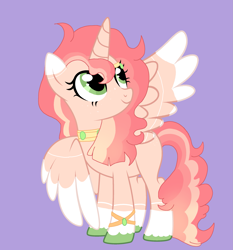 Size: 2445x2620 | Tagged: safe, artist:circuspaparazzi5678, oc, oc only, alicorn, pony, alicorn oc, base used, bracelet, colored wings, colored wingtips, female, high res, horn, jewelry, magical lesbian spawn, mare, necklace, next generation, offspring, parent:applejack, parent:twilight sparkle, parents:twijack, purple background, request, simple background, solo, unshorn fetlocks, wings