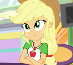 Size: 1200x1080 | Tagged: safe, screencap, applejack, equestria girls, equestria girls specials, g4, my little pony equestria girls: better together, my little pony equestria girls: rollercoaster of friendship, applejack's hat, applejack's shirt with a collar, clothes, collar, collar shirt, cowboy hat, cropped, crossed arms, cute, female, freckles, geode of super strength, hair, hat, jackabetes, magical geodes, ponytail, shirt, shirt with a collar, sitting, smiling, solo, t-shirt, teenager