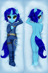 Size: 2953x4429 | Tagged: safe, artist:darksly, oc, oc only, oc:windows 8, pony, unicorn, semi-anthro, arm hooves, bed, bethesda, blushing, body pillow, body pillow design, butt, clothes, commission, dakimakura cover, fallout, female, frog (hoof), jumpsuit, looking at you, looking back, looking back at you, looking over shoulder, mare, nudity, plot, ponified, smiling, solo, underhoof, undressed, uniform, unshorn fetlocks, vault suit