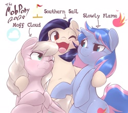 Size: 2129x1888 | Tagged: safe, artist:kurogewapony, oc, oc only, oc:moff cloud, oc:slowly flame, oc:southern sail, earth pony, pegasus, pony, unicorn, blushing, female, group hug, happy, hug, mare, smiling