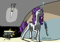 Size: 1000x700 | Tagged: safe, artist:appletank, rarity, cyborg, pony, robot, g4, augmented, fanfic art, female, gun, shotgun, sketchy, solo, weapon