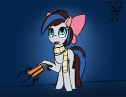 Size: 1280x989 | Tagged: safe, artist:warskunk, oc, oc:breezy, earth pony, pony, bow, clothes, earth pony oc, female, gravity gun, mare, scarf, solo