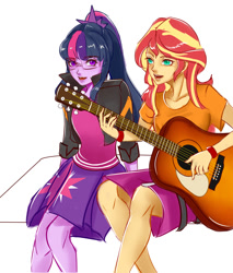 Size: 1450x1700 | Tagged: dead source, safe, artist:reinver, sci-twi, sunset shimmer, twilight sparkle, equestria girls, g4, bracelet, clothes, female, glasses, guitar, jacket, jewelry, lesbian, musical instrument, open mouth, playing, ship:sci-twishimmer, ship:sunsetsparkle, shipping, simple background, skirt, white background
