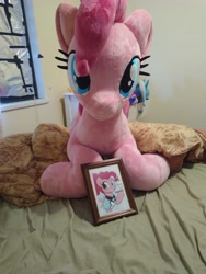 Size: 3072x4096 | Tagged: safe, artist:lanacraft, pinkie pie, earth pony, pony, g4, bed, dessert, female, food, irl, photo, picture frame, plushie, solo
