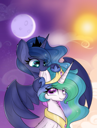 Size: 4669x6101 | Tagged: safe, alternate version, artist:janelearts, princess celestia, princess luna, alicorn, pony, g4, absurd resolution, biting, commission, cute, cutelestia, duo, ear bite, ear fluff, female, looking at each other, looking up, lunabetes, mare, nom, one eye closed, royal sisters, siblings, sisters, smiling, spread wings, transparent mane, wings