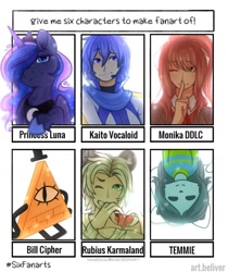 Size: 1080x1286 | Tagged: safe, artist:art.beliver, princess luna, alicorn, demon, human, pony, temmie, anthro, g4, anthro with ponies, bill cipher, bust, clothes, crossover, doki doki literature club!, ethereal mane, female, gravity falls, hat, headworn microphone, heart hands, hoof shoes, jewelry, kaito, male, mare, monika, one eye closed, peytral, school uniform, shhh, six fanarts, starry mane, tiara, top hat, undertale, upside down, vocaloid, wink