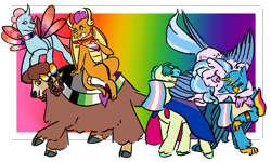 Size: 2362x1417 | Tagged: safe, artist:lieutenantcactus, gallus, ocellus, sandbar, silverstream, smolder, yona, changedling, changeling, classical hippogriff, dragon, earth pony, griffon, hippogriff, pony, yak, g4, bisexual pride flag, bow, cis, cloven hooves, colored hooves, cute, diaocelles, diastreamies, dragoness, female, gallabetes, gender headcanon, hair bow, headcanon, headcanon in the description, implied smolcellus, jewelry, lgbt headcanon, male, monkey swings, mouth hold, necklace, pride, pride flag, rainbow background, sandabetes, sexuality headcanon, smolderbetes, student six, teenager, transgender, yonadorable