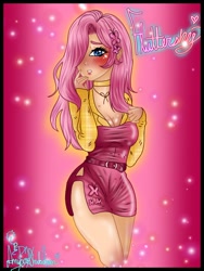 Size: 768x1024 | Tagged: safe, artist:amyrosexshadowlover, fluttershy, human, g4, blushing, breasts, cleavage, female, hair over one eye, humanized, looking at you, solo