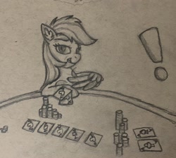 Size: 2660x2395 | Tagged: safe, artist:vaser888, rainbow dash, pony, g4, atg 2020, card, casino, exclamation point, female, gambling, high res, monochrome, newbie artist training grounds, smiling, smirk, solo, traditional art
