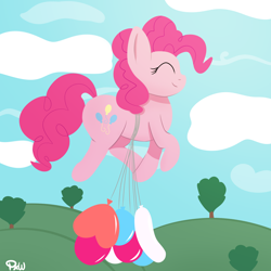 Size: 1800x1800 | Tagged: safe, artist:ponyxwright, pinkie pie, earth pony, pony, g4, atg 2020, balloon, cloud, cute, diapinkes, eyes closed, female, floating, happy, heart balloon, in which pinkie pie forgets how to gravity, mare, newbie artist training grounds, pinkie being pinkie, pinkie physics, smiling, solo, then watch her balloons lift her up to the sky, tree