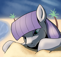 Size: 2290x2143 | Tagged: safe, artist:ahobobo, maud pie, earth pony, pony, g4, beach, cute, female, high res, mare, maudabetes, ocean, palm tree, rock, sand, solo, that pony sure does love rocks, tree