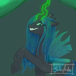 Size: 2000x2000 | Tagged: safe, artist:julotda, queen chrysalis, changeling, changeling queen, g4, crown, evil grin, female, glowing horn, grin, high res, horn, jewelry, profile, raised hoof, regalia, sharp teeth, signature, smiling, solo, teeth