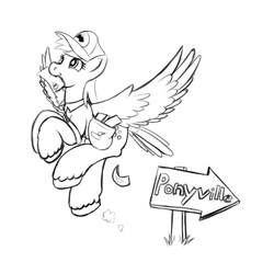 Size: 2000x2000 | Tagged: safe, artist:redquoz, derpy hooves, pegasus, pony, g4, atg 2020, derp, female, flying, high res, lineart, lost, mailmare, mare, monochrome, newbie artist training grounds, simple background, solo, unshorn fetlocks, white background, wings, wrong way