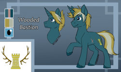 Size: 1280x760 | Tagged: safe, artist:cosmalumi, oc, oc only, oc:wooded bastion, pony, unicorn, male, reference sheet, scar, simple background, solo, stallion