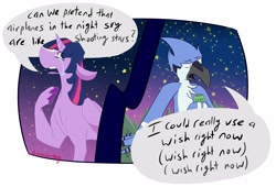 Size: 4096x2790 | Tagged: safe, artist:animedonkey, twilight sparkle, bird, blue jay, pony, unicorn, g4, aeroplanes and meteor showers, airplanes (song), b.o.b., crossover, crossover shipping, crying, dialogue, female, hayley williams, lyrics, male, mare, mordecai, mordetwi, night, redraw mordetwi meme, regular show, sad, shipping, song reference, stars, straight, teary eyes, text, unicorn twilight