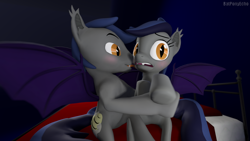 Size: 1280x720 | Tagged: safe, artist:batponyecho, oc, oc only, oc:echo, bat pony, pony, 3d, bat pony oc, bat wings, bed, blushing, confused, cutie mark, duo, fangs, female, licking, male, mare, pillow, rule 63, scared, self ponidox, selfcest, shipping, source filmmaker, spread wings, stallion, straight, tongue out, wings