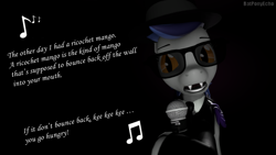 Size: 1280x720 | Tagged: safe, artist:batponyecho, oc, oc only, oc:echo, bat pony, pony, 3d, bat pony oc, bat wings, blues brothers, clothes, fangs, female, mare, microphone, music notes, rubber biscuit, singing, solo, song reference, source filmmaker, sunglasses, text, that batpony sure does love mangoes, the chips, wings