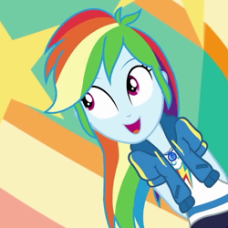 Size: 720x720 | Tagged: safe, screencap, rainbow dash, equestria girls, equestria girls specials, g4, my little pony equestria girls: better together, my little pony equestria girls: rollercoaster of friendship, amusement park, arms, breasts, bust, clothes, cropped, cute, dashabetes, female, geode of super speed, hands behind back, happy, hoodie, leggings, legs, long hair, magical geodes, open mouth, open smile, outdoors, shirt, short sleeves, smiling, solo, teenager