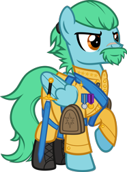 Size: 1006x1355 | Tagged: safe, artist:n0kkun, oc, oc only, oc:azure glide, pegasus, pony, beard, commission, facial hair, medals, military uniform, scar, simple background, solo, sword, transparent background, vector, weapon