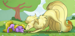 Size: 2736x1323 | Tagged: safe, artist:ali-selle, oc, oc:flossy tail, earth pony, fox, kitsune, ninetales, pony, blushing, crossover, cute, eyes closed, face down ass up, multiple tails, nuzzling, ocbetes, pokémon, tree
