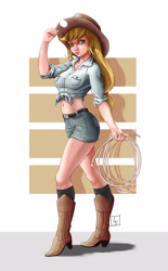 Size: 2168x3508 | Tagged: safe, artist:beamsaber, applejack, human, equestria girls, g4, applebucking thighs, applejack's hat, belly button, boots, clothes, cowboy boots, cowboy hat, female, front knot midriff, hat, high res, humanized, lasso, legs, midriff, miniskirt, rope, shirt, shoes, skirt, solo, stetson, thighs