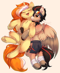 Size: 2500x3033 | Tagged: safe, artist:peachmayflower, oc, oc only, oc:johny flex, oc:karoline lindsey, pegasus, pony, unicorn, blushing, duo, eyes closed, high res, hug, mane, open mouth, spread wings, tail, wings