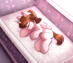 Size: 2701x2352 | Tagged: safe, artist:airiniblock, oc, oc only, oc:heaven, alicorn, pony, rcf community, alicorn oc, baby, baby pony, child, crib, folded wings, high res, horn, sleeping, solo, wings