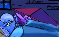 Size: 1119x706 | Tagged: safe, artist:spntax, starlight glimmer, trixie, pony, unicorn, g4, ah yes me my girlfriend and her x, bed, female, kite, lesbian, lying down, meme, ship:startrix, shipping, sleeping, that pony sure does love kites