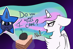 Size: 1256x847 | Tagged: safe, artist:llametsul, princess celestia, princess luna, alicorn, pony, g4, angry, atg 2020, bomb, cake, chest fluff, do not want, do you want this cake, ear fluff, exclamation point, female, floppy ears, food, hoof over mouth, horn, magic, magic aura, mare, newbie artist training grounds, no, prank, subtle as a train wreck, weapon, wings