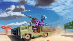 Size: 1920x1080 | Tagged: safe, artist:smg11-on-ddjrb, artist:smg11ddj, starlight glimmer, trixie, pony, unicorn, g4, armored pony, cloud, concept art, desert, duo, female, gun, mare, military, scenery, technical, truck, weapon