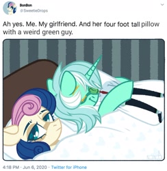 Size: 1881x1927 | Tagged: safe, artist:n in a, bon bon, lyra heartstrings, sweetie drops, oc, oc:anon, earth pony, human, pony, unicorn, g4, ah yes me my girlfriend and her x, bed, blanket, body pillow, bon bon is not amused, eyes closed, female, hug, human male, humie, lesbian, lyra doing lyra things, male, mare, meta, pillow, pillow hug, ship:lyrabon, shipping, sleeping, text, that pony sure does love humans, thick eyebrows, twitter, unamused, wife and wife