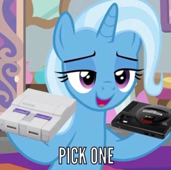 Size: 773x767 | Tagged: safe, edit, edited screencap, screencap, trixie, pony, unicorn, a horse shoe-in, g4, caption, cropped, female, hoof hold, horn, image macro, looking at you, mare, open mouth, sega genesis, solo, super nintendo, text, video game