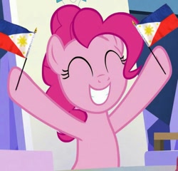 Size: 679x652 | Tagged: safe, edit, edited screencap, screencap, pinkie pie, earth pony, pony, g4, sparkle's seven, cropped, eyes closed, female, flag, hoof hold, philippines, solo