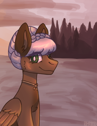 Size: 1622x2104 | Tagged: safe, artist:raya, oc, oc only, oc:rosalie, pegasus, pony, bangs, beach, braid, commission, jewelry, looking at you, necklace, pegasus oc, scenery, solo, sunset, tree