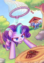 Size: 2480x3508 | Tagged: safe, artist:wavecipher, starlight glimmer, trixie, bee, beetle, insect, pony, unicorn, g4, animal crossing, balloon, butterfly net, crossover, crying, duo, eyes on the prize, female, high res, magic, mare, open mouth, present, running, running away, teary eyes, telekinesis, tree, violin beetle