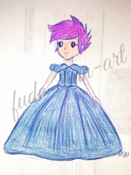 Size: 1024x1365 | Tagged: safe, artist:fude-chan-art, scootaloo, equestria girls, g4, cinderella, clothes, dress, female, gown, puffy sleeves, solo, tomboy taming, traditional art, watermark