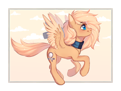 Size: 3480x2634 | Tagged: safe, artist:roole, oc, oc only, oc:mirta whoowlms, pegasus, pony, blue eyes, clothes, flying, high res, messy mane, pegasus oc, profile, running, scarf, simple background, smiling, wings