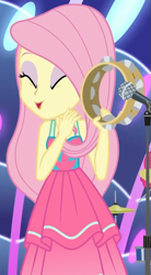 Size: 545x985 | Tagged: safe, screencap, fluttershy, equestria girls, equestria girls series, g4, spring breakdown, spoiler:eqg series (season 2), all good (song), cropped, cute, eyes closed, eyeshadow, female, makeup, microphone, musical instrument, shyabetes, singing, sleeveless, tambourine