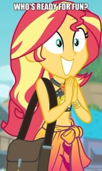 Size: 600x1005 | Tagged: safe, edit, edited screencap, screencap, sunset shimmer, equestria girls, equestria girls specials, g4, my little pony equestria girls: better together, my little pony equestria girls: forgotten friendship, bag, belly button, bikini, caption, clothes, cropped, female, geode of empathy, image macro, magical geodes, memeful.com, sarong, smiling, solo, swimsuit, text