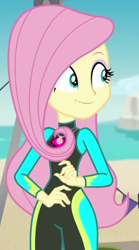 Size: 388x697 | Tagged: safe, screencap, fluttershy, equestria girls, equestria girls series, g4, too hot to handle, clothes, cropped, female, fluttershy's wetsuit, solo, swimsuit, wetsuit