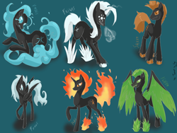 Size: 3200x2400 | Tagged: safe, artist:tomat-in-cup, oc, oc only, earth pony, pegasus, pony, unicorn, blue background, earth pony oc, high res, horn, mane of fire, pegasus oc, raised hoof, simple background, unicorn oc, unshorn fetlocks, wings