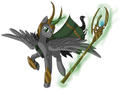 Size: 1600x1200 | Tagged: safe, artist:tomat-in-cup, alicorn, pony, alicornified, clothes, glowing horn, horn, loki, magic, male, ponified, race swap, raised hoof, simple background, solo, staff, stallion, telekinesis, transparent background