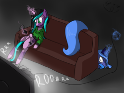 Size: 1600x1200 | Tagged: safe, artist:tomat-in-cup, princess luna, oc, alicorn, pony, unicorn, g4, clothes, controller, couch, duo, female, glowing horn, hiding, horn, magic, mare, s1 luna, scared, sitting, telekinesis, television, unicorn oc